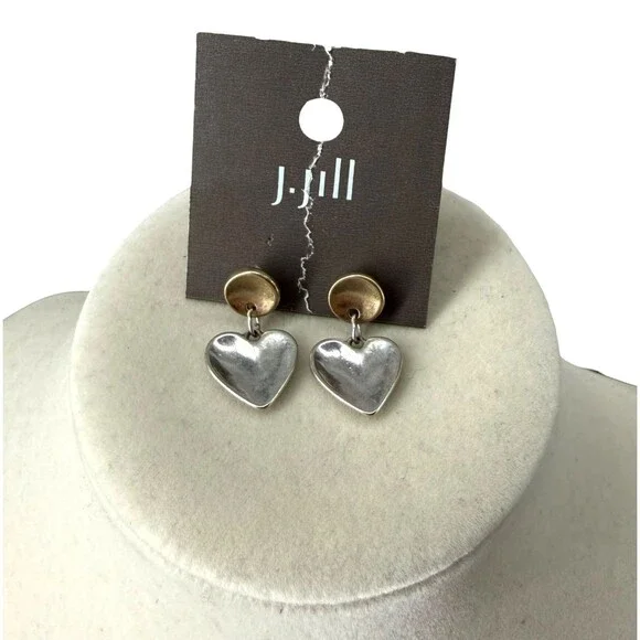 J Jill Heart Drop Earrings Mixed Metal Silver Gold Dangle Minimalist Resort NWT - Picture 2 of 5